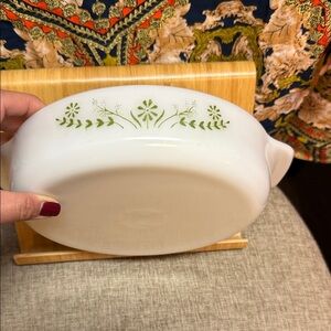 Vintage White Casserole Dish with Green Floral Design